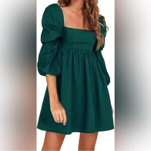 NWT EXLURA Square Neck Dress Long Puff Sleeve Dress, size Medium, green mini